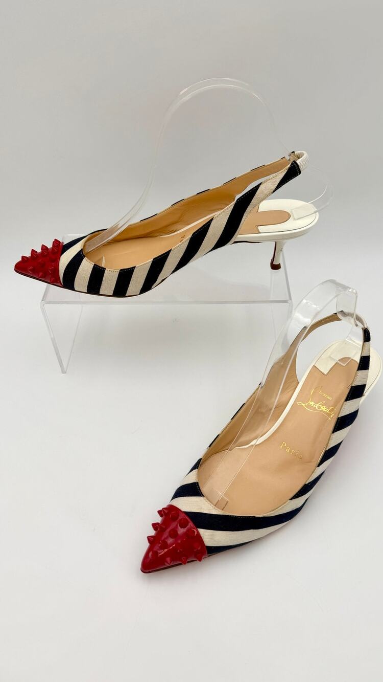 Christian Louboutin Geo Pumps Blue White Striped Red Spike Cap Toe Size 40 / 10
